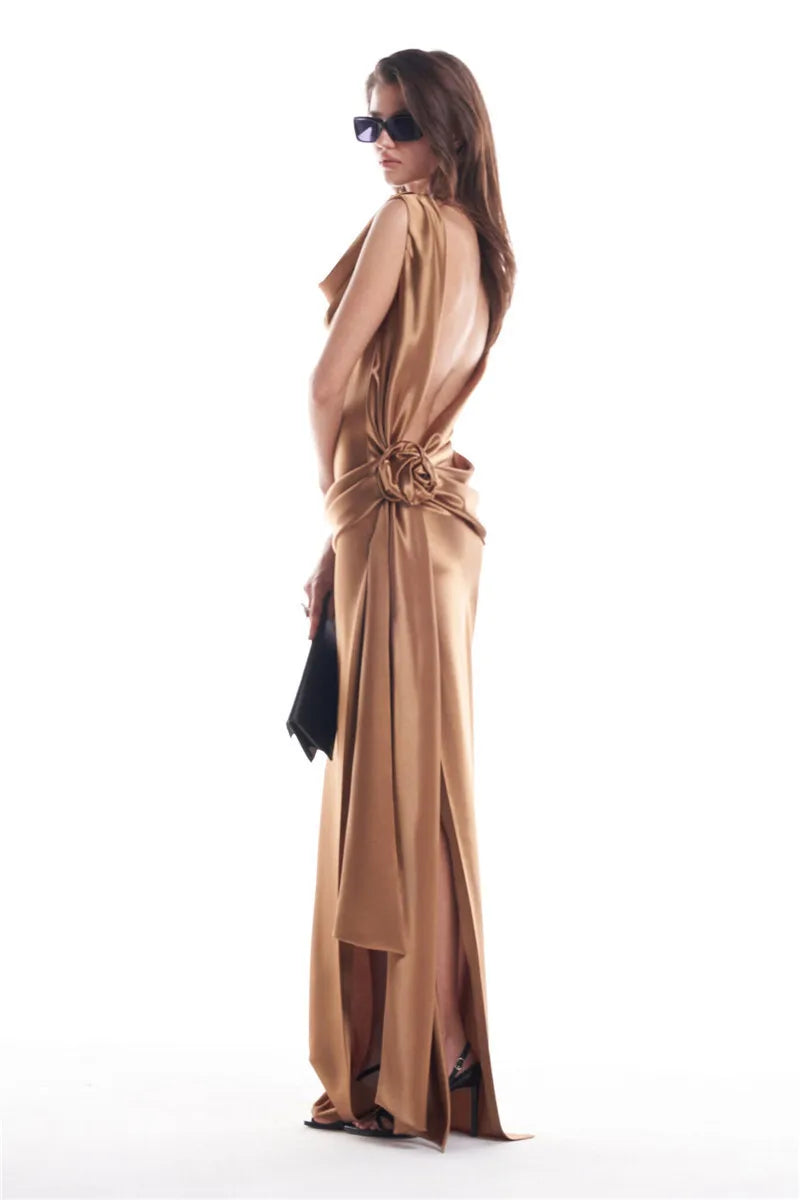 Satin Backless High Split Maxi Dress