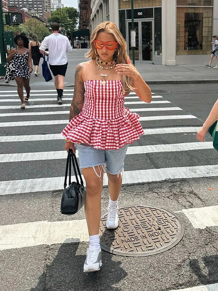 Plaid Corset Top Pleated Fluffy Hem Sleeveless Basic Street Backless Top