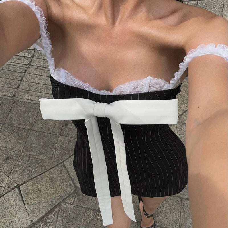 Stripe Print Slip Dress Bow Patchwork Sleeveless Backless Mini Dress