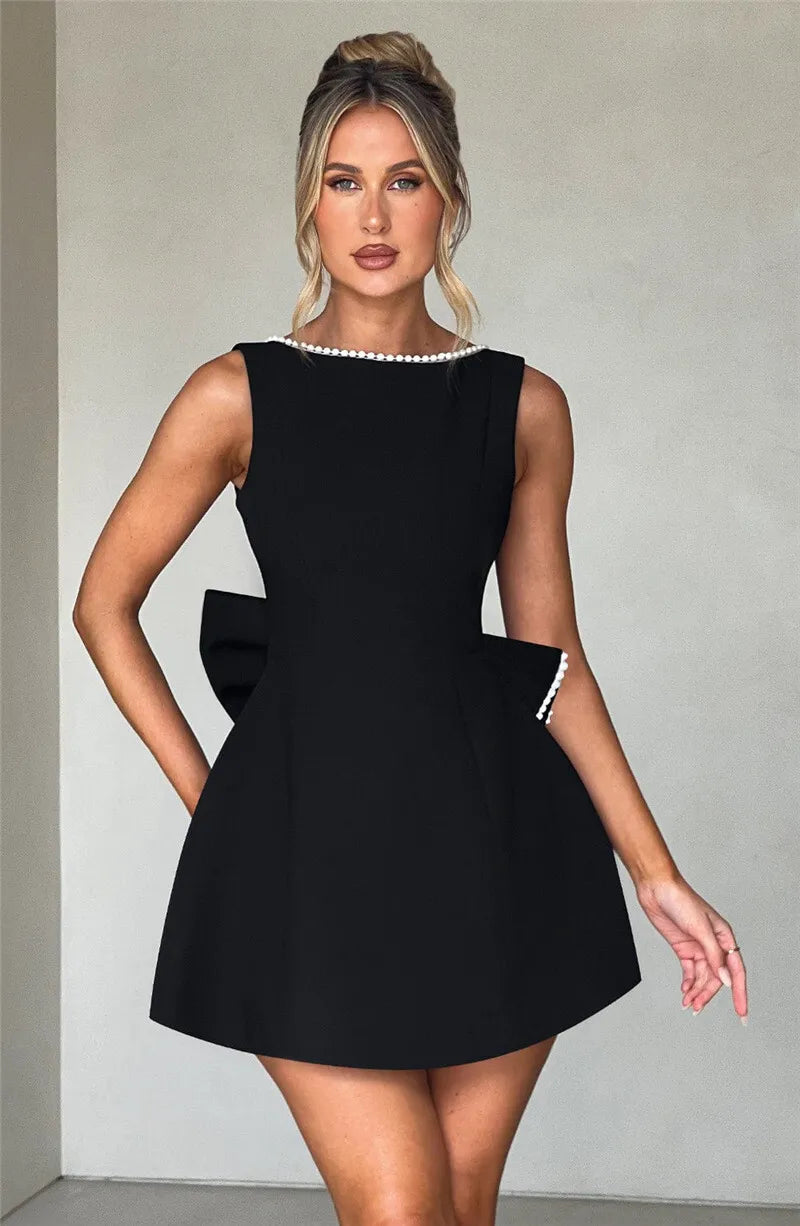Pearl Bow Backless Mini Dress Zipper Sleeveless High Waist A-line Dress