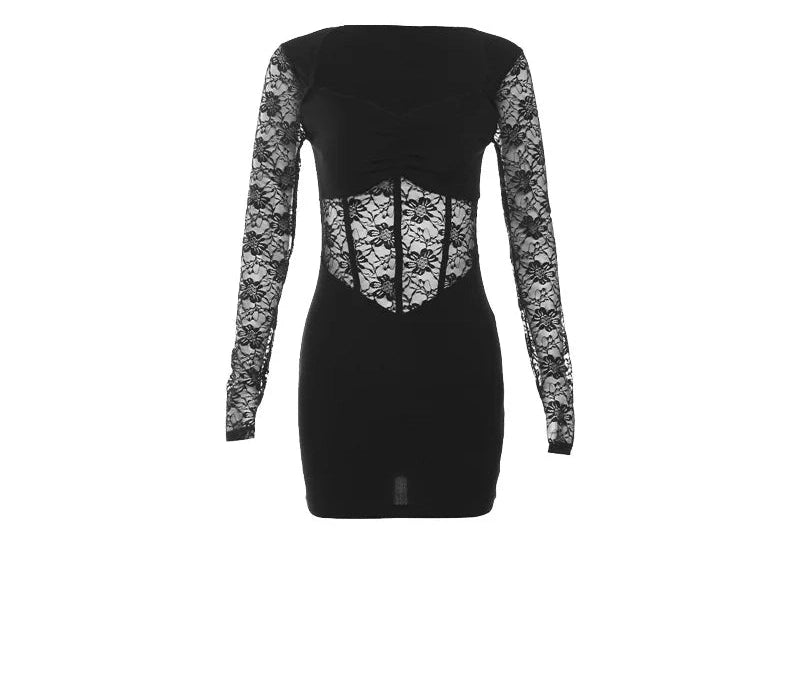 Black Mysterious Lace Stitching Mature Fishbone Beautiful Sweet Gentle Long Sleeve Hip Short Dress
