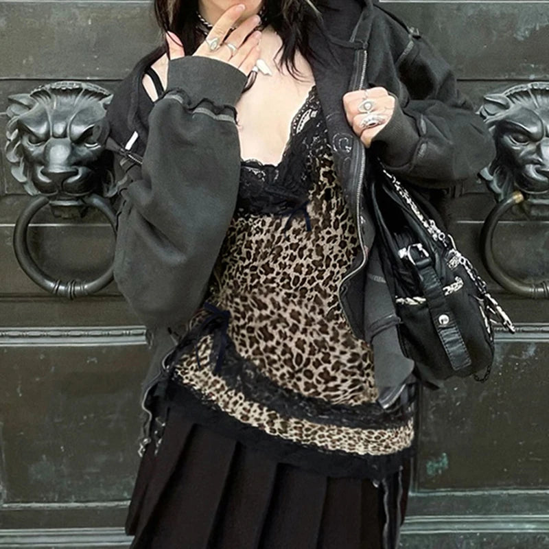 Lace Patchwork Camisole Leopard Print Backless Top V-neck Sleeveless Fairycore