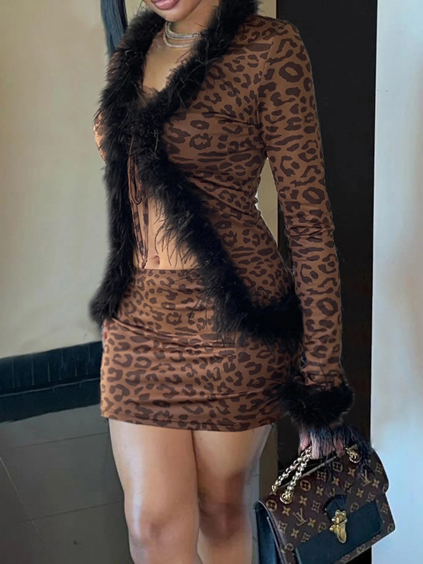Leopard Print Two Pieces of Sets 's Lace-up Coats and Mini Skirts Long Sleeved