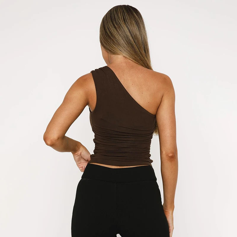 One-Shoulder Bead Link Ruched Tank Top Slim Light Personality American tie Girls Tank Top