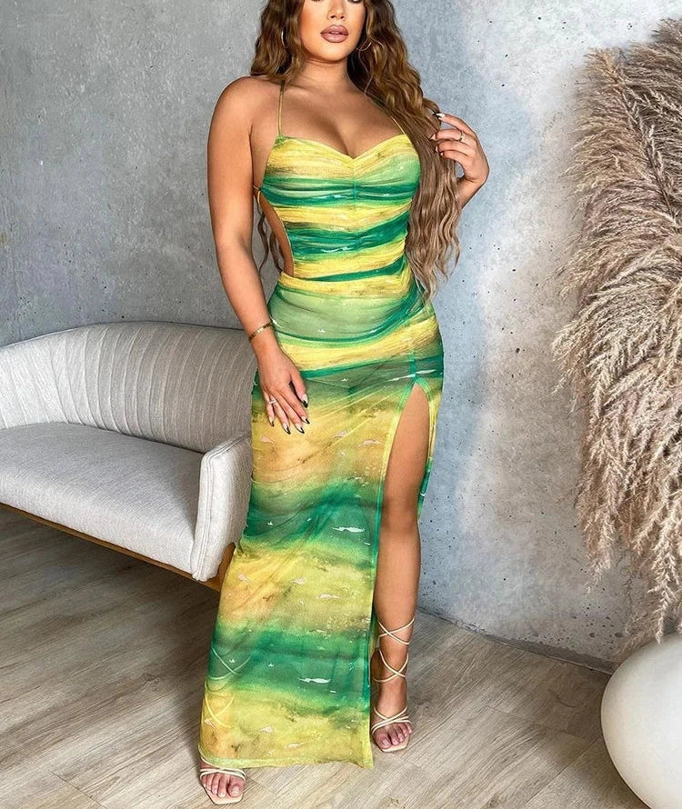 Green Mesh Backless Maxi Dress