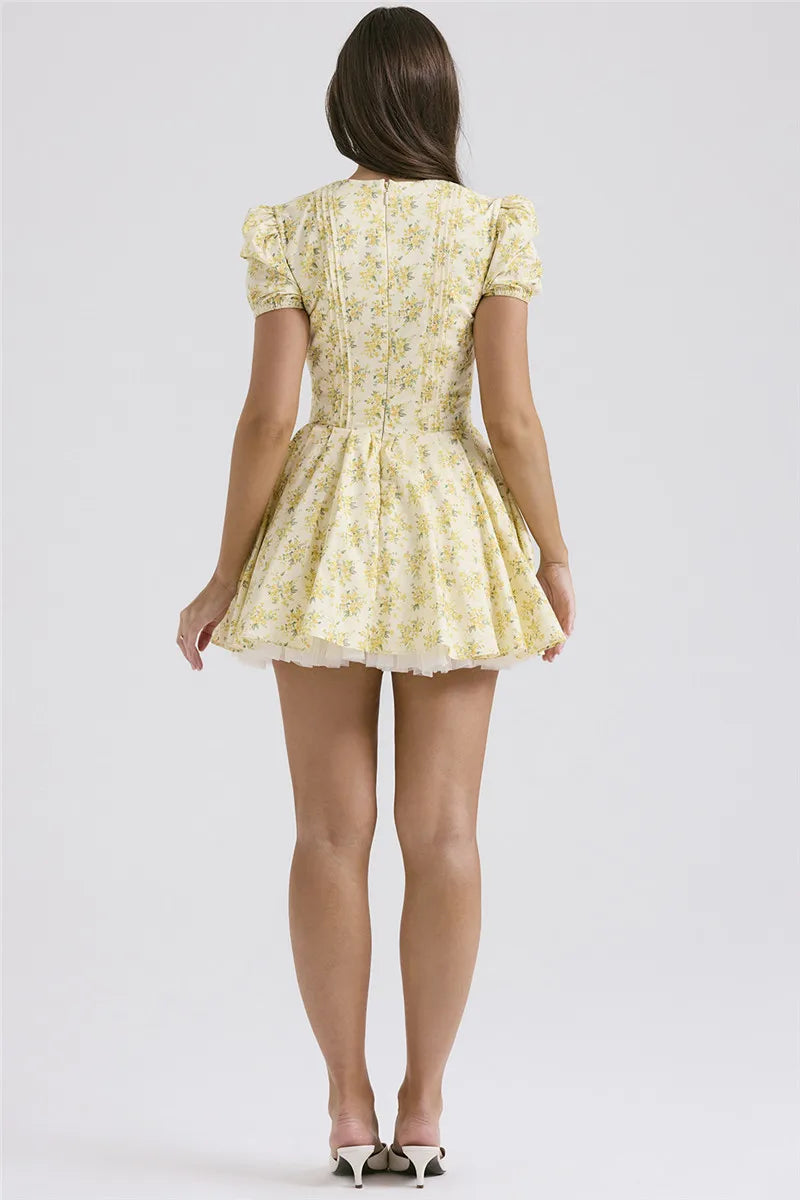 Print Mini Dress For Yellow Short Sleeve Deep V Neck A-line Pleated Dress