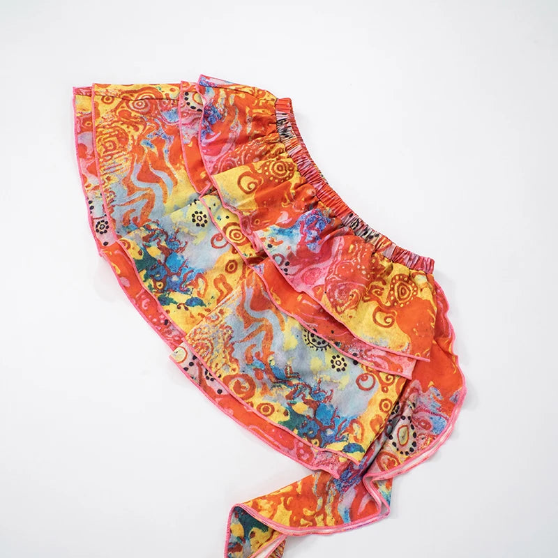'S Floral Print Slim Set Strapless Twisted Hollow Out Tank Top Flutter Belt Short Skirt Sets