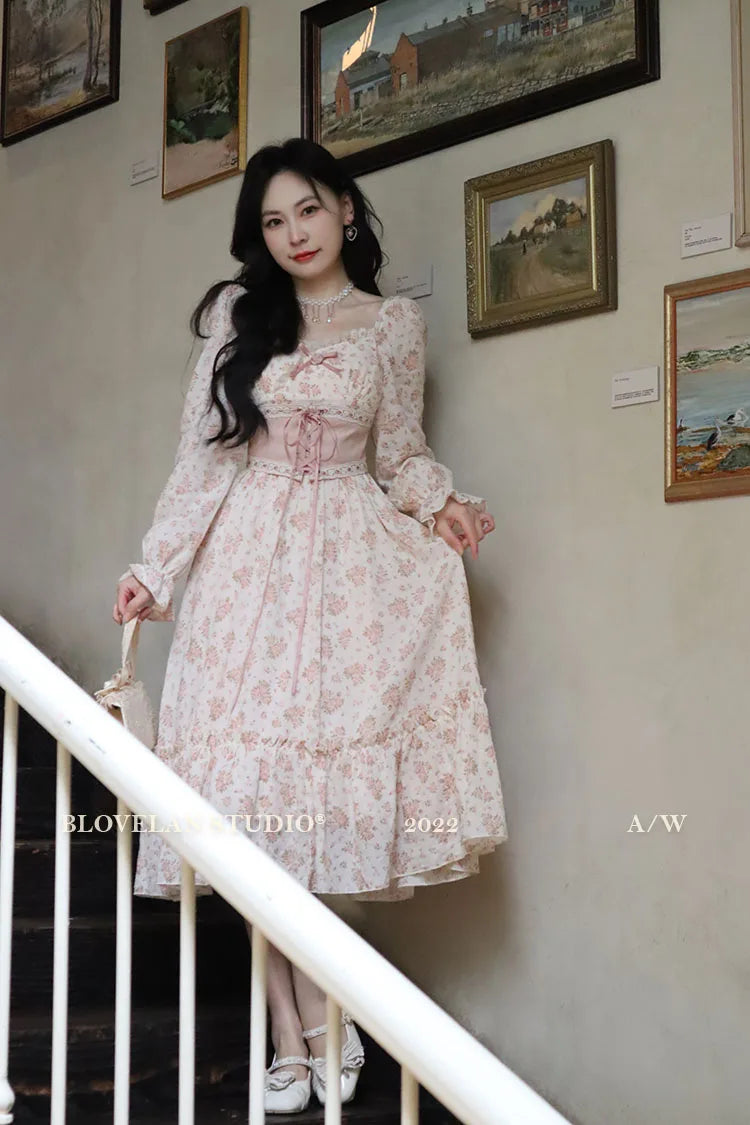 Spring Pink Floral Dress Bandage Lace Print Dress Puff Sleeve Kawaii Dress Princess Fairy