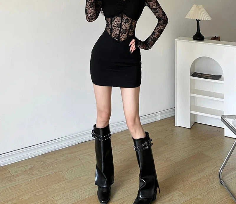 Black Mysterious Lace Stitching Mature Fishbone Beautiful Sweet Gentle Long Sleeve Hip Short Dress