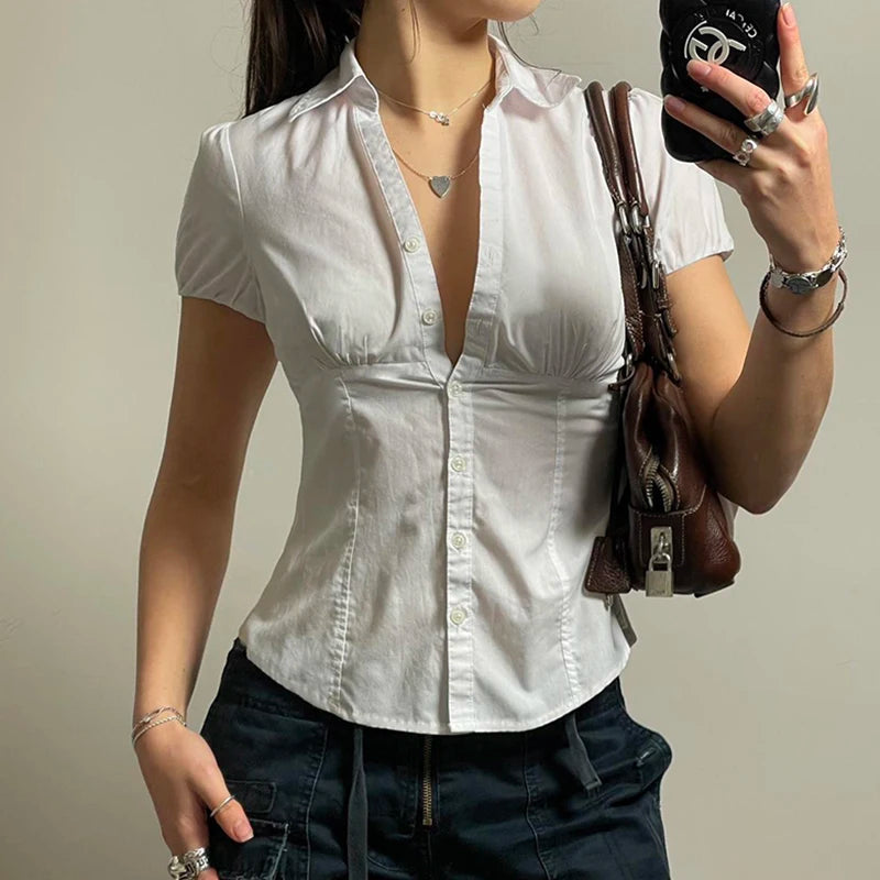 Tee Shirts Turn-down Collar Button Up Corset Blouses Short Sleeves Top