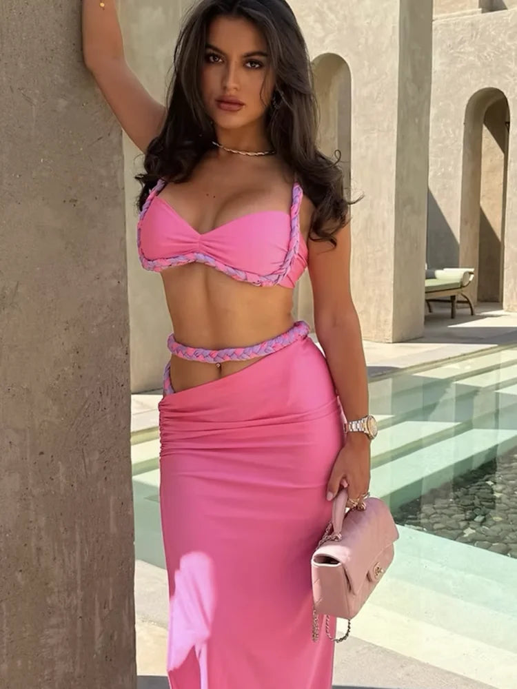 Stunning Woven Strap Splice 2 Piece Set Low Neck Mini Cami Split Slah Wait Maxi Skirt