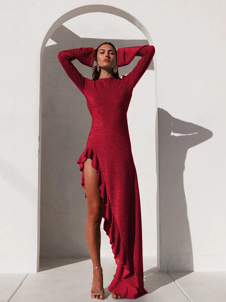 Backless Bright Silk Shiny Maxi Dress Green Long Sleeve Dress