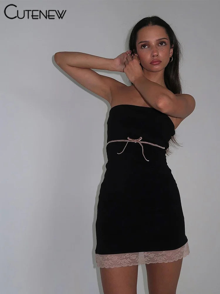 Black Lace Patchwork Mini Dress Shiny Wrapped Chest Body-shaping