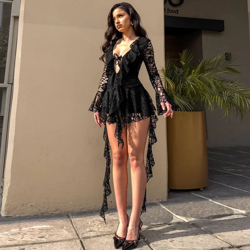 Spring 'S Dress Patchwork Lace Ribbon Ruffle Tie Rope Hollow Out Flare Long-Sleeved Mini Dress