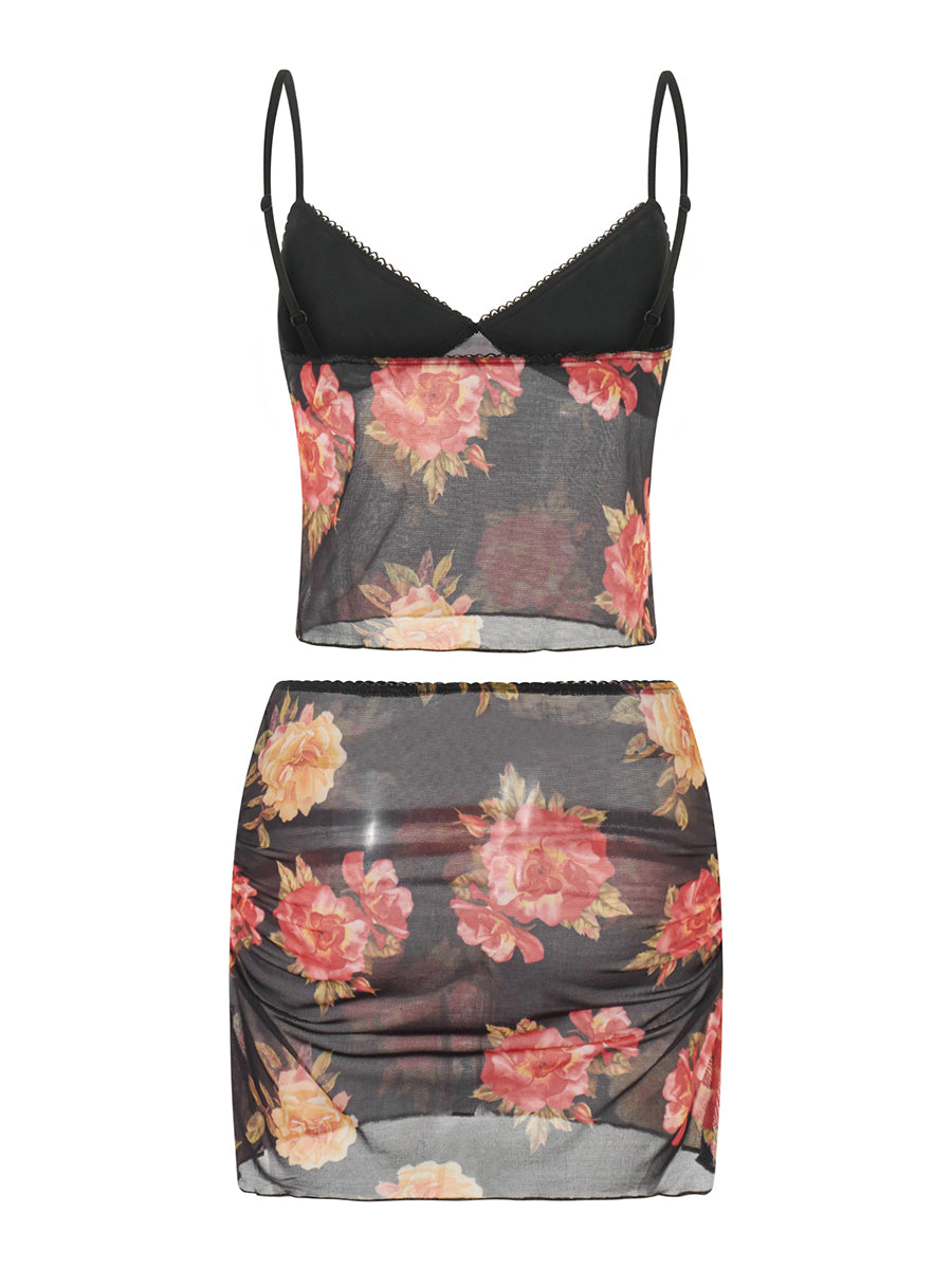 Sleeveless V Neck Low Cut Cami Top Elastic Waist Flower Print Mini Skirt 2 Piece