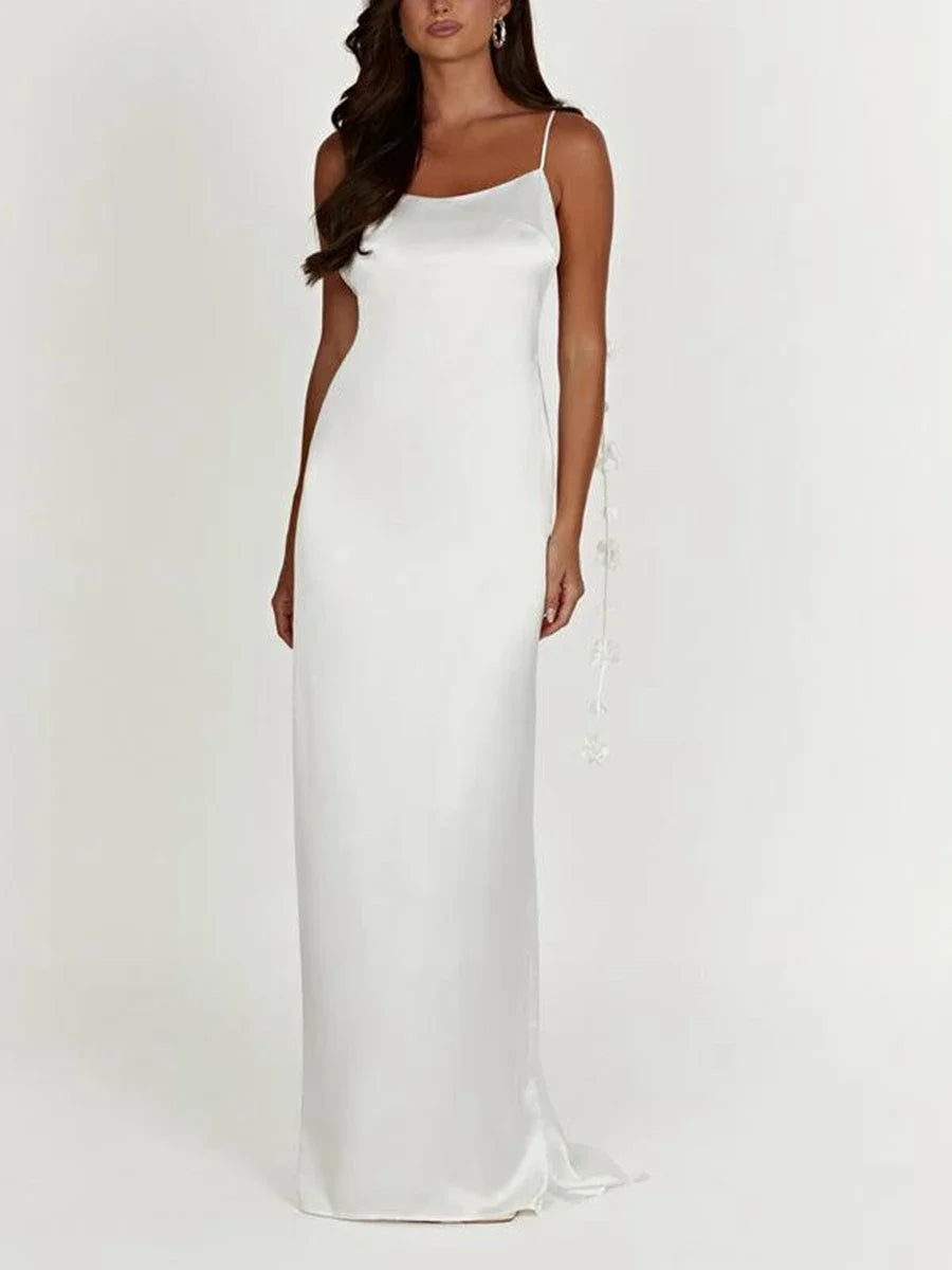 's Color Flower Tassel Backless Sleeveless Satin Maxi Long Bodycon Sling Dress