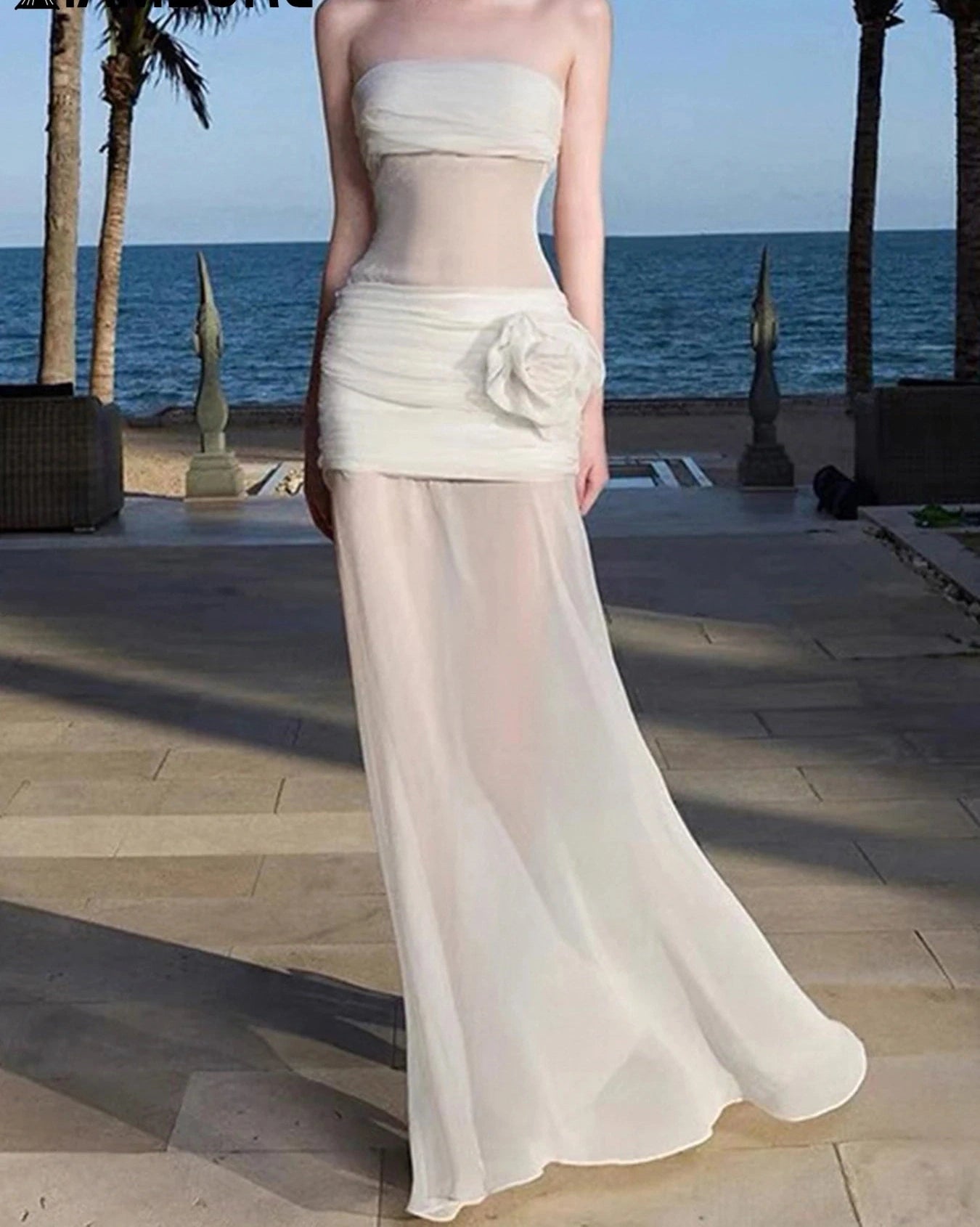Patchwork Mesh Dress Slash Neck Sleeveless Maxi
