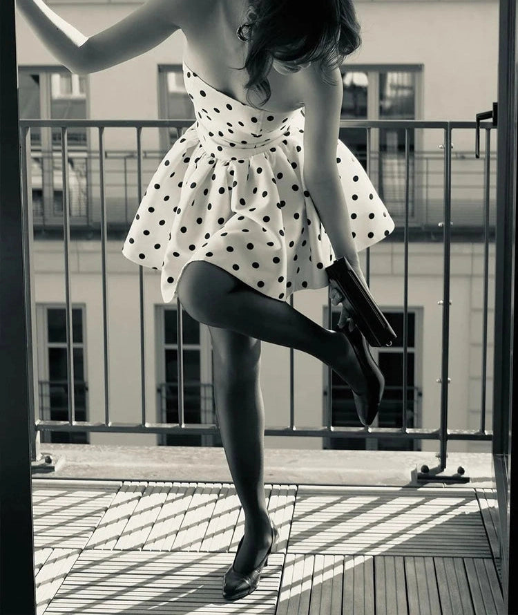 White Polka Dot Backless Mini Dress with Bow