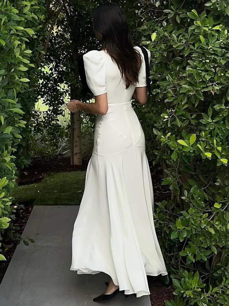 White Lace-Up Long Dress with Black Bow