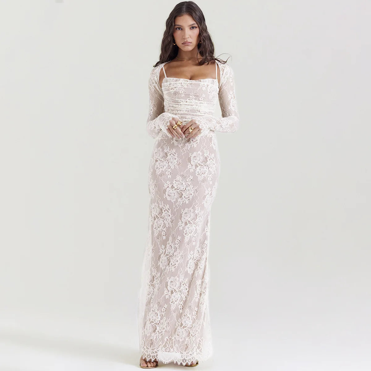 Lace Hollow Out Long Sleeve Two Piece Set