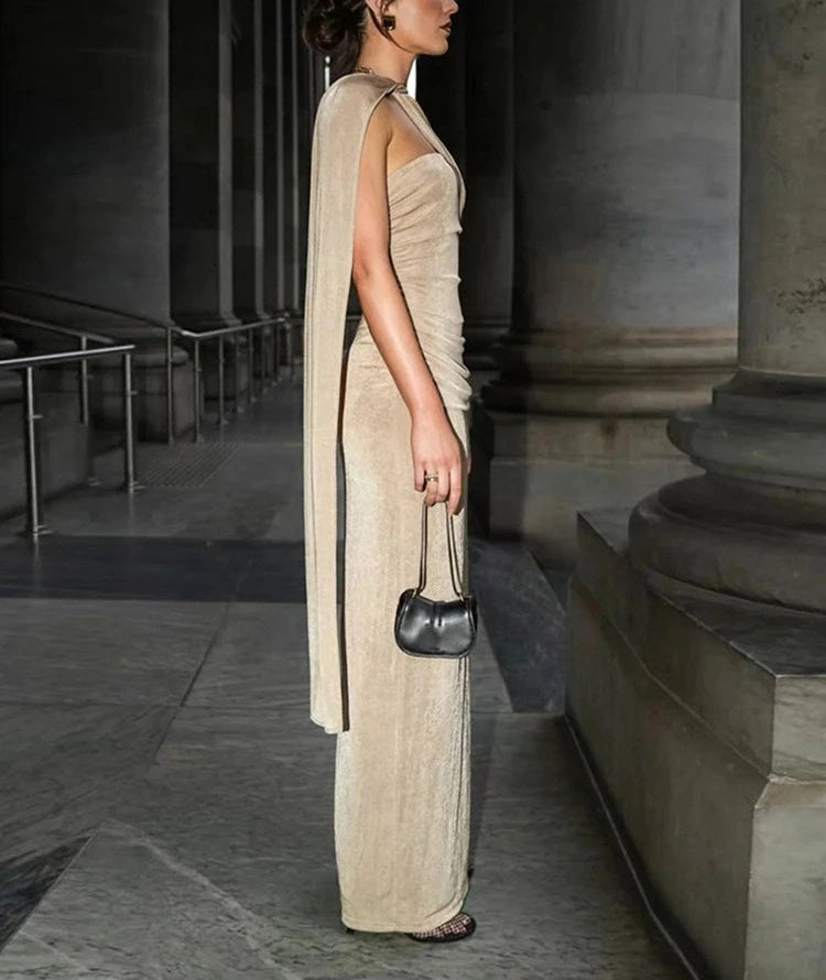 Ruched Backless Dress Diagonal Collar Single Shoulder Strap Tassel Stretch Long Bodycon