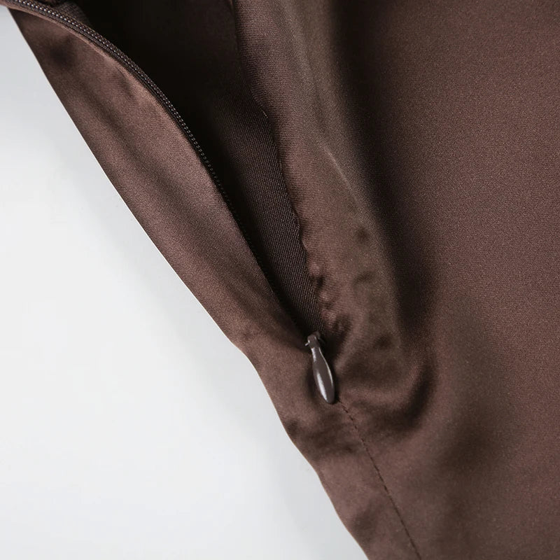 Patchwork Mesh Satin Dress See Through Slim Slash Neck Sleeveless Maxi