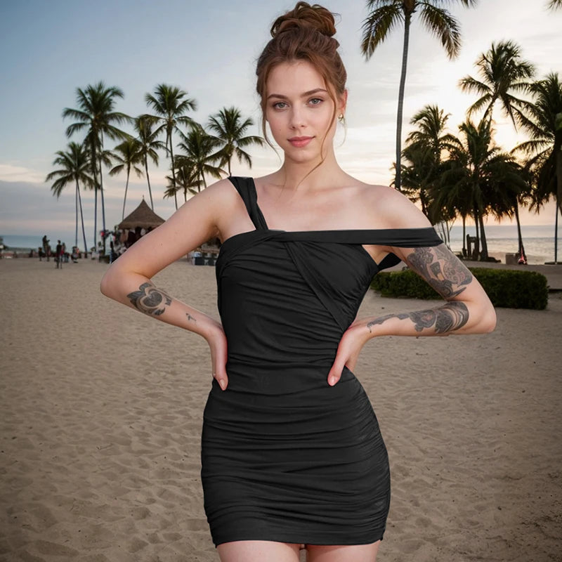'S Spring And Asymmetric One-Shoulder Camis Color Twisted Shrink Pleated Package Hip Dress