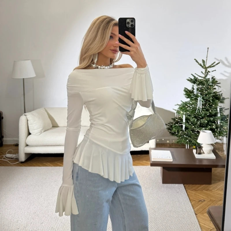 Ruffled Flare Sleeve Off Shoulder Pullover Top