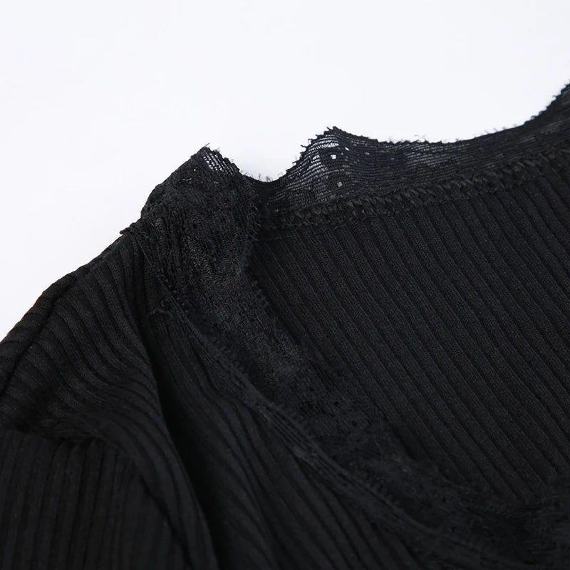 Crewneck Button Up T-shirts Lace Patchwork Black Slim 's