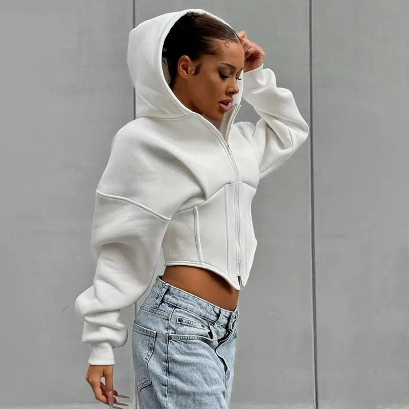 Long Sleeve Fleece Zipper Cardigan Hood Sweater Girdle Short Jacket