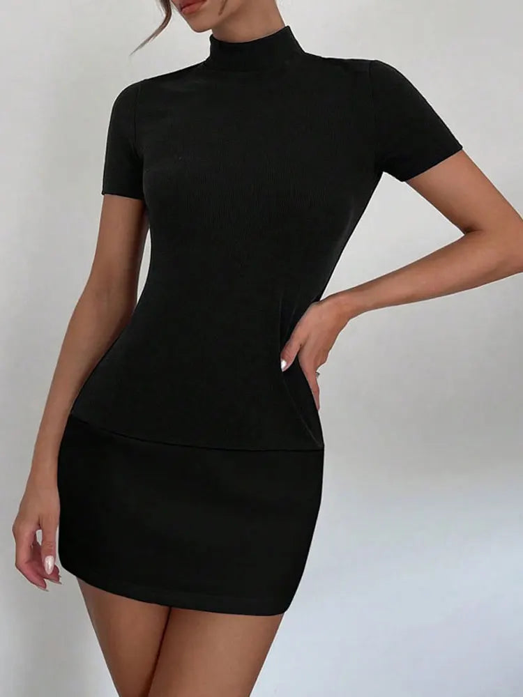 Contrast Mini Dress High Waist Short Sleeve Patchwork Bodycon Dress Mini Dress