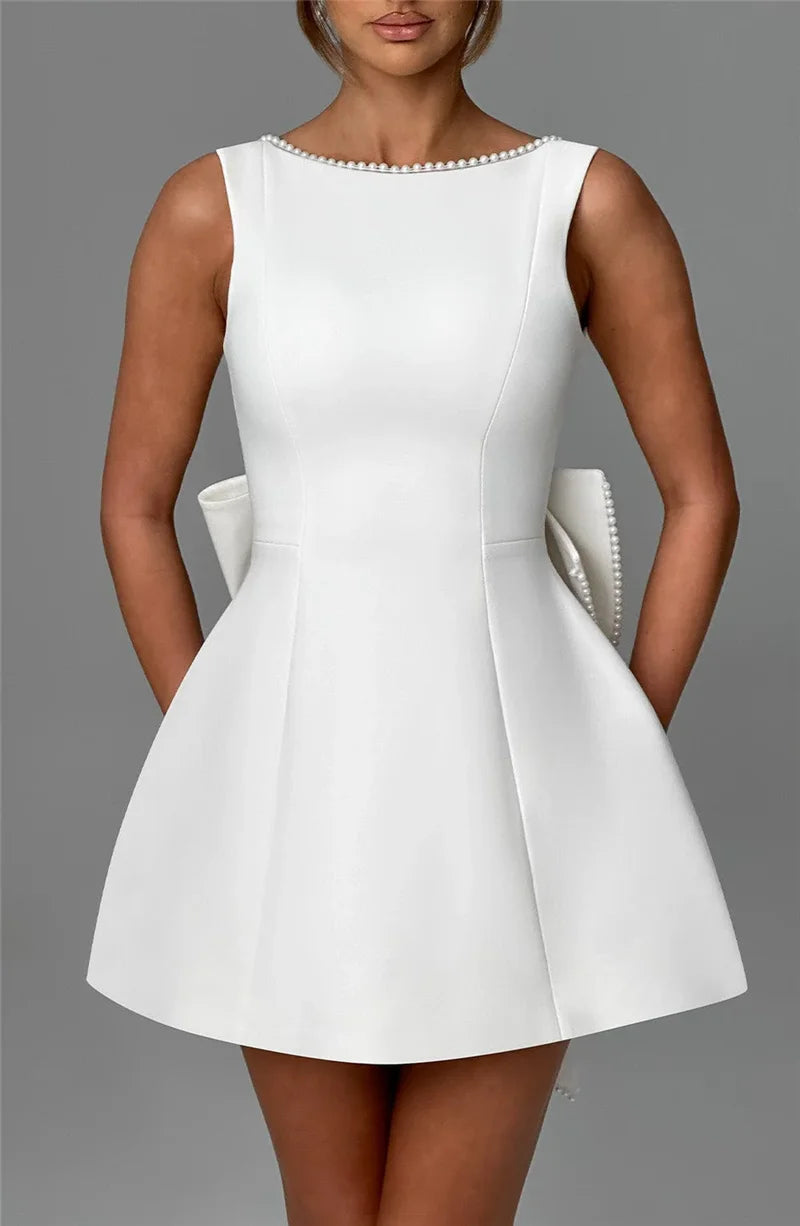 Pearl Bow Backless Mini Dress Zipper Sleeveless High Waist A-line Dress