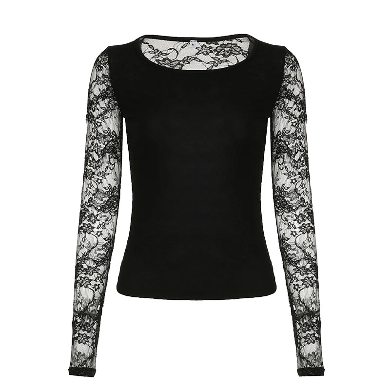 Crewneck Tee Shirts Lace Patchwork Slim Black Top