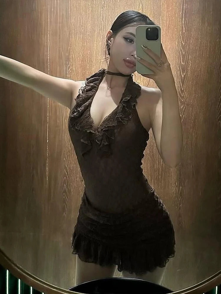 Lace Dress Halter Dark Lines Frenulum Three-Dimensional Flowers Ornament Vogue Mini Bodycon