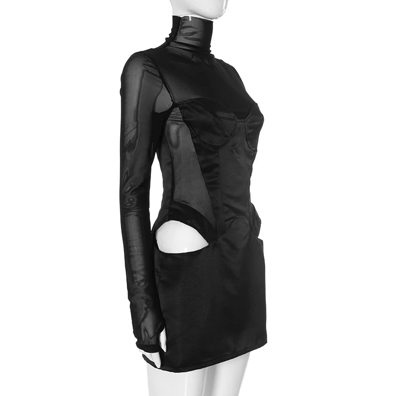 Mesh Patchwork High Neck Slim Hollow Cut Long Sleeve Package Hip Short Dress