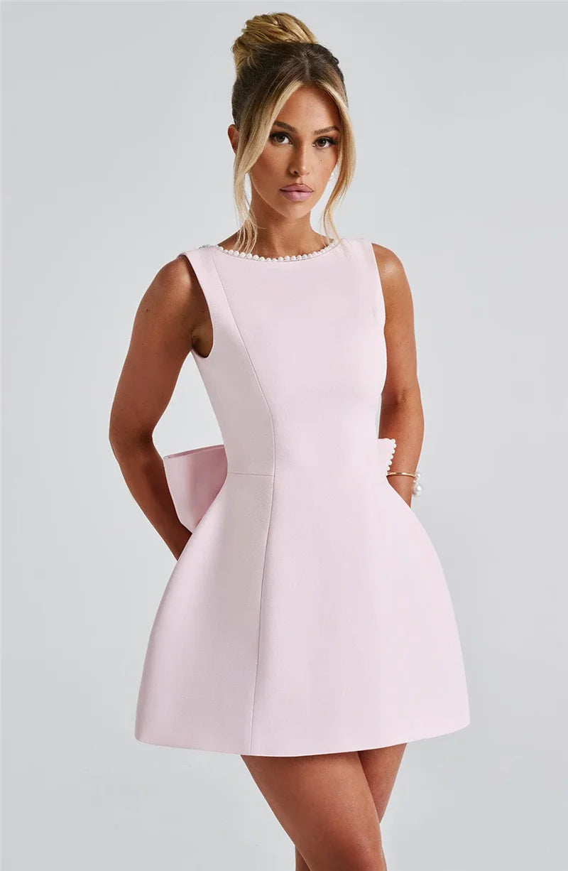Pearl Bow Backless Mini Dress Zipper Sleeveless High Waist A-line Dress