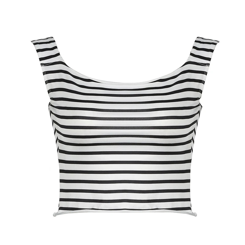 Retro Striped Print Tank Top Crop Shirts Slim Fairycore