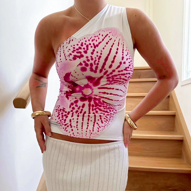 Floral Fitt Top Reort Graphic Tee One Shoulder Slah Backless Tank Top