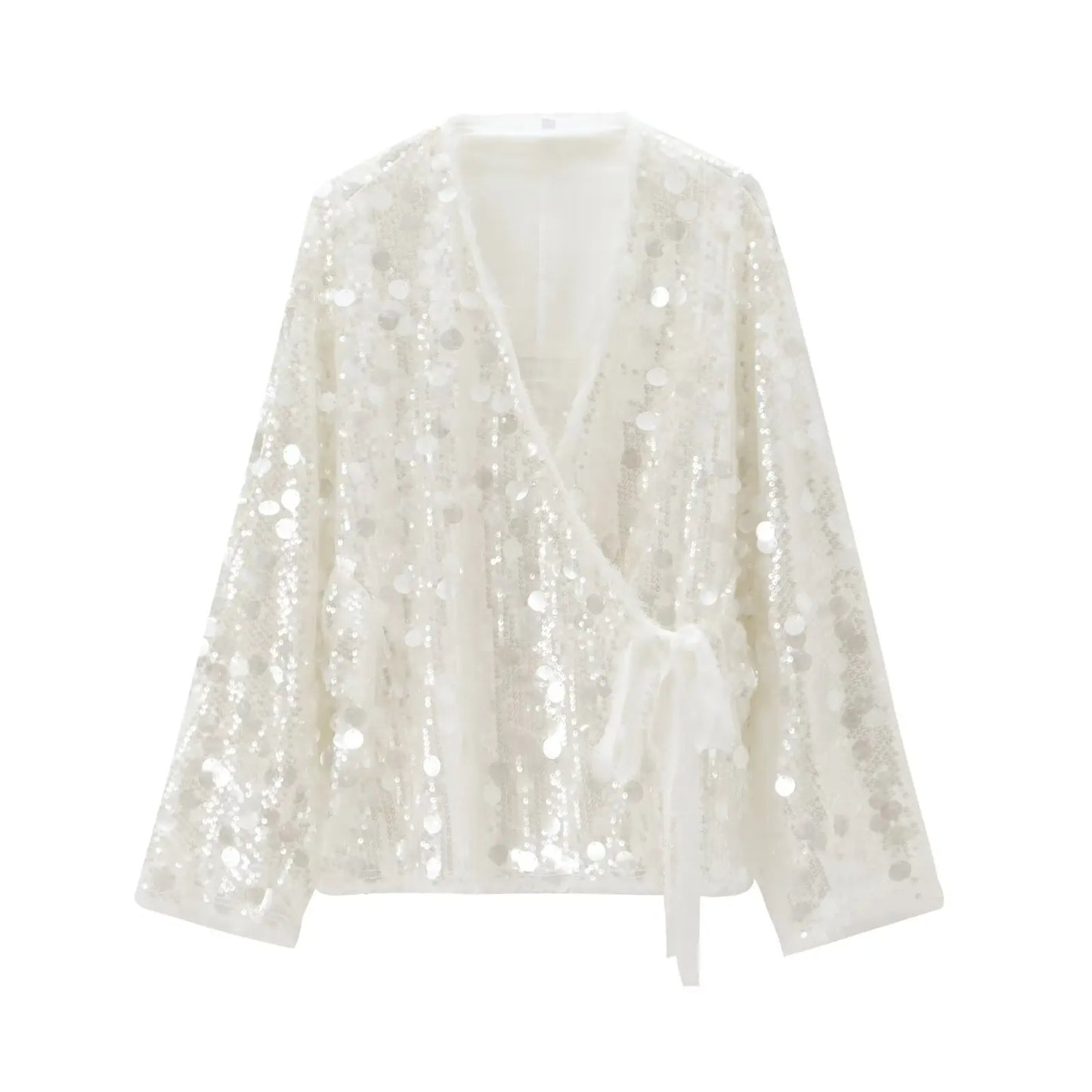 Sequin Kimono Jacket Coat Long Sleeve V Neck Loose Outer Lady Wrap