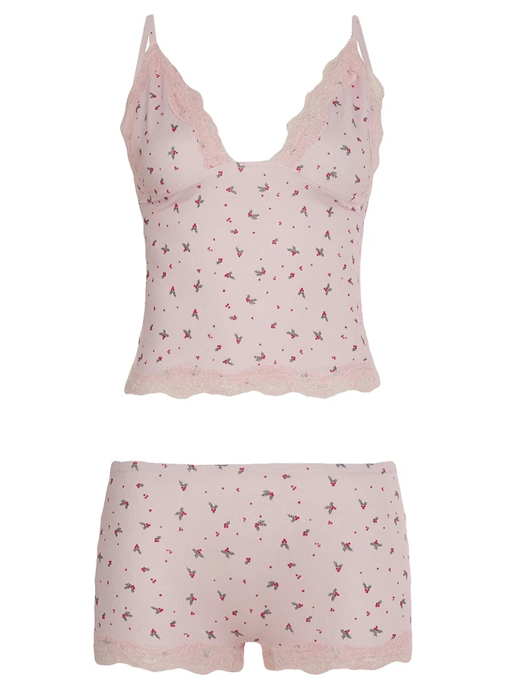 Floral Lace Patchwork Two-piece Set Pink Sleeveless Camisoles and Slim Shorts