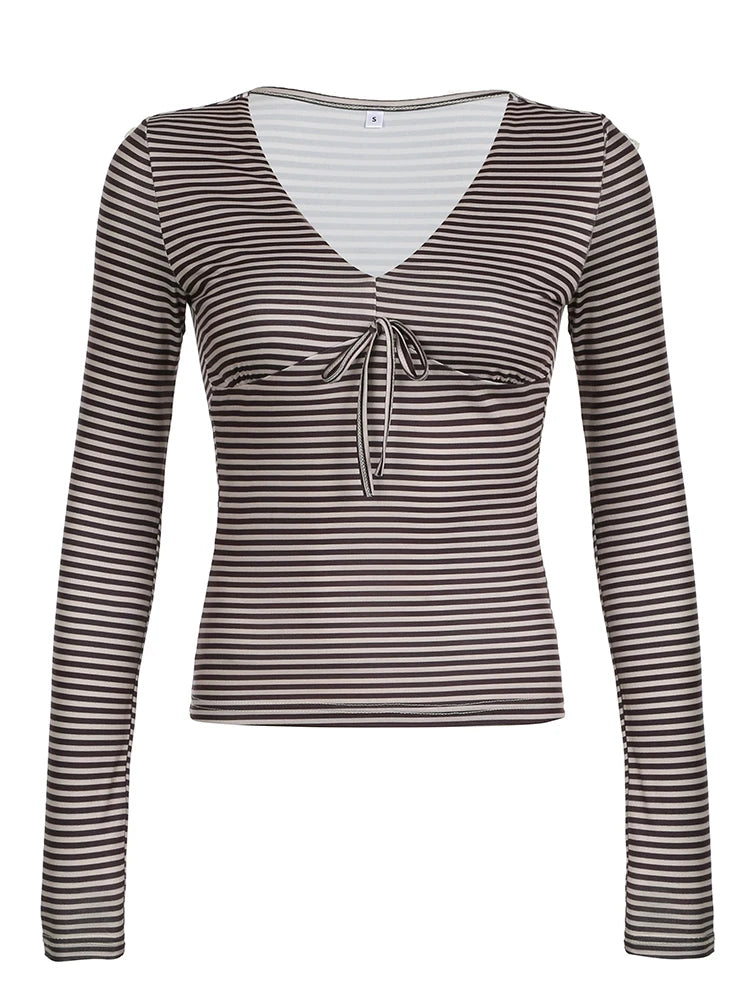 V-neck Strip Tee Shirt Long Sleeve Slim Lace-up Top
