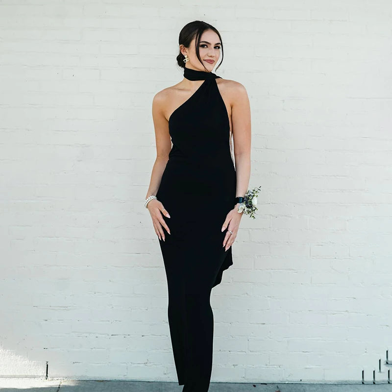 Slash Neck Dress Halter Sleeveless Backless Dress Pearl Strap Noble Dresses Evening Gowns