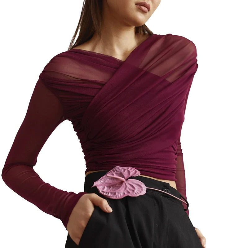 Cross Neck Crop Top Solid Color Mesh See Through Pleat Long Sleeve T-Shirt