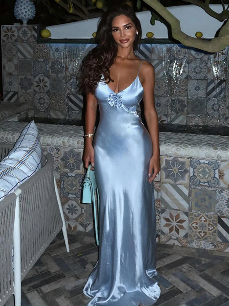 Applique Silky Dress Low-Neck Backless Sleeveless Ruched Robe