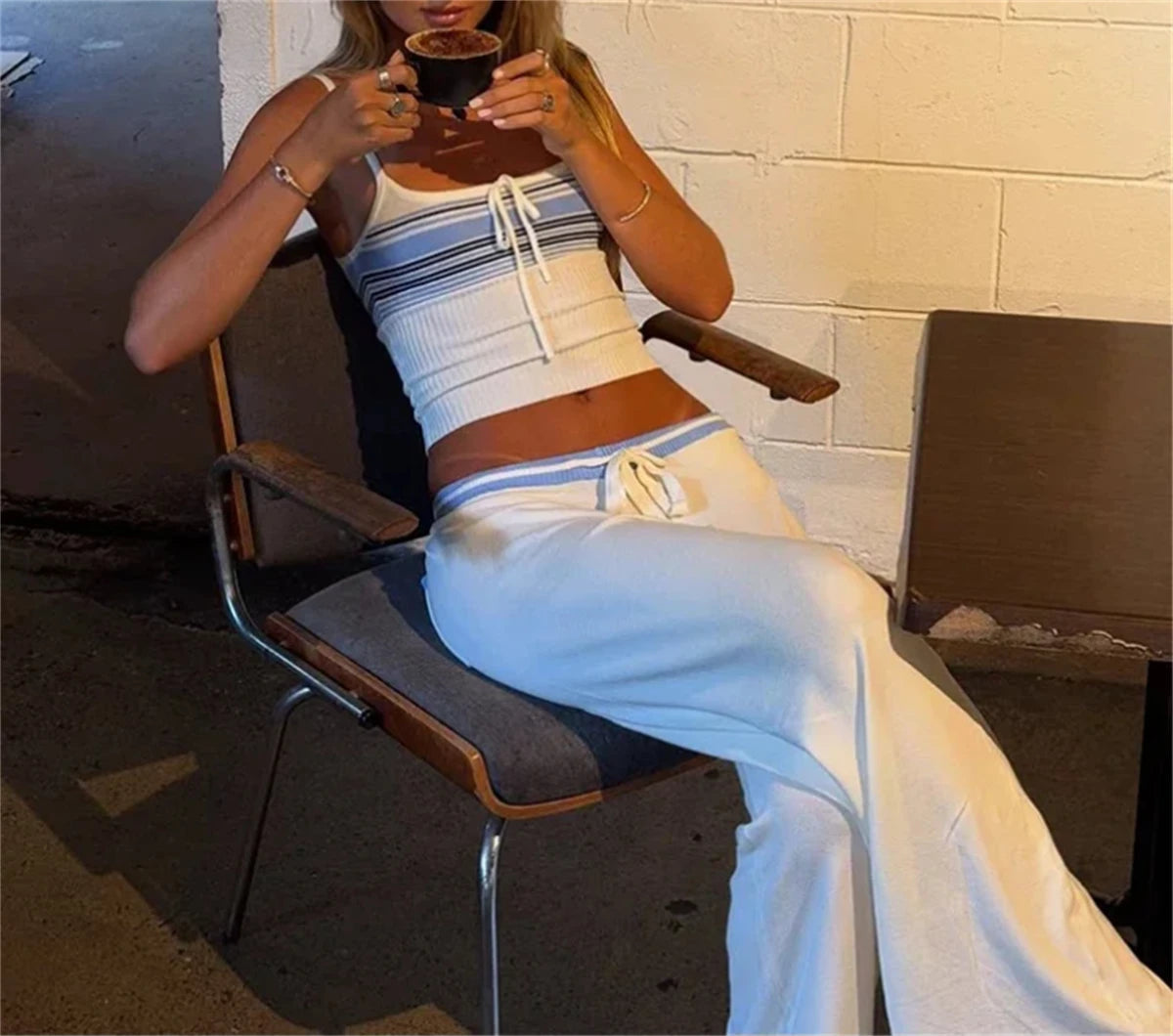 Petchwork Stripe Set Sleeveless O-neck Lace Up Vest High Waist Straight Pant Sets
