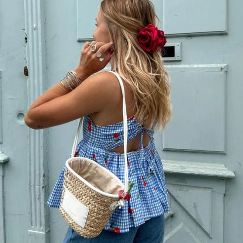 Fairycore Backless Tie Up Crop Tops Cherry Plaid Peplum Camisole Sweet Cute Milkmaid Tank Vest