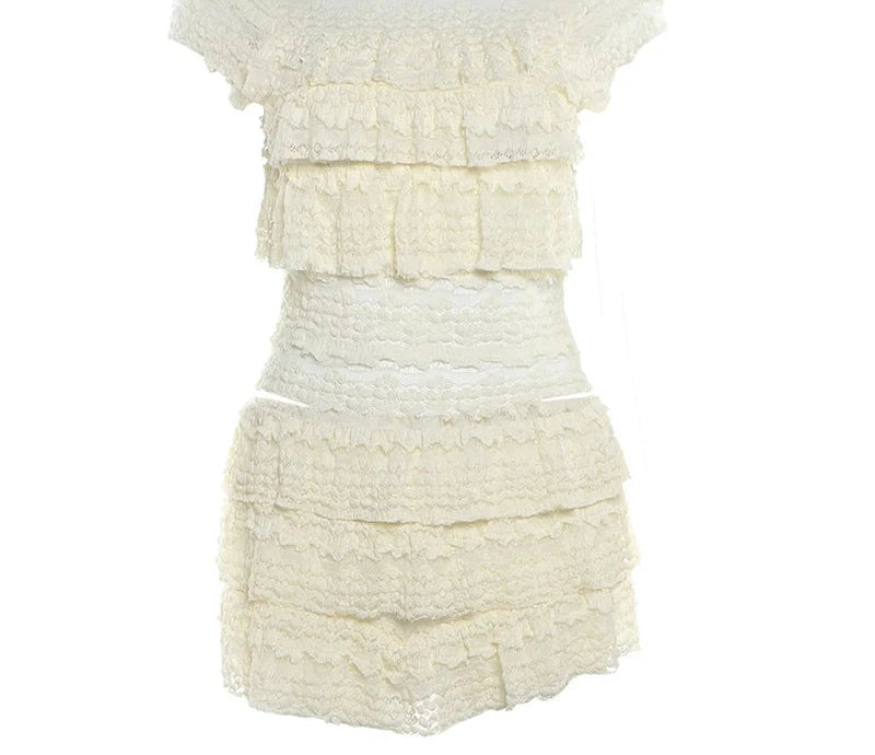Tierred TwoPiece Set Thin Ruffles Tnak Top Shorts Skirt Concert Matching Suit
