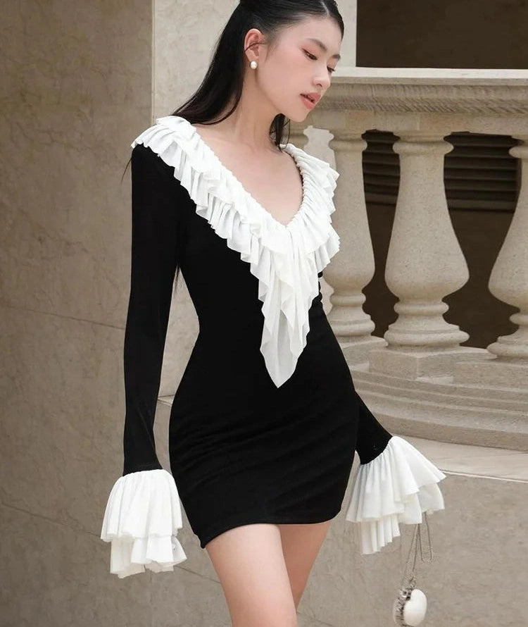 Dress Patchwork v-Neck Tierred Full Sleeve Skinny Mini Bodycon