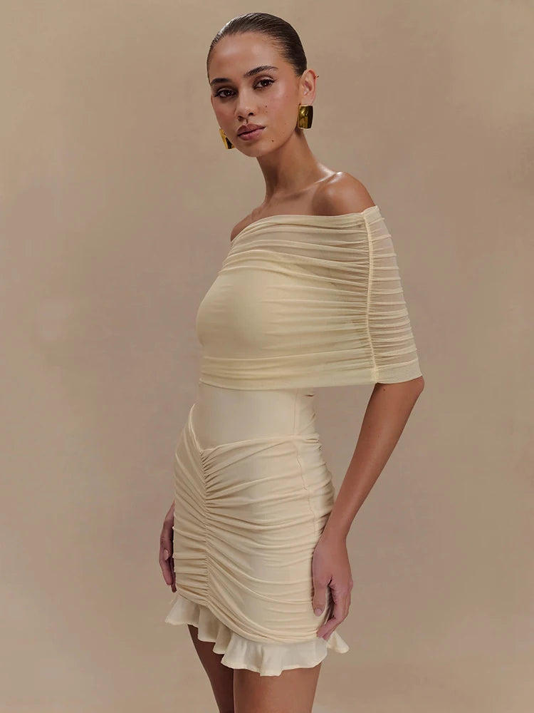 Mesh Strapless Off-shoulder Ruffled Mini Dress Backless High Waist Ruched Dress