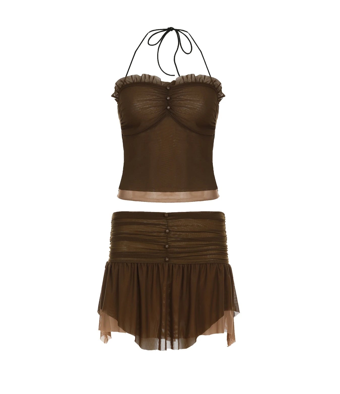 Mesh Dress Sets See Through Slim 2 Piece Sets Slash Neck Camis Top Low-Waisted Mini Skirts